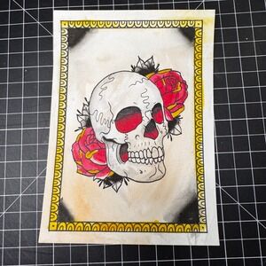 Handcrafted Skull and Roses Acrylic Ink Painting Tattoo Flash Art Halloween Fall